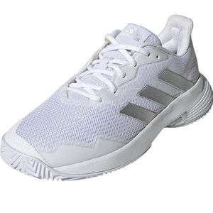 Adidas women’s courtjam control tennis shoes white with metallic silver